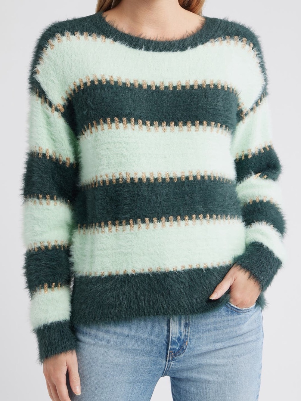 CITY BLUES Stripe Metallic Boat Neck Sweater